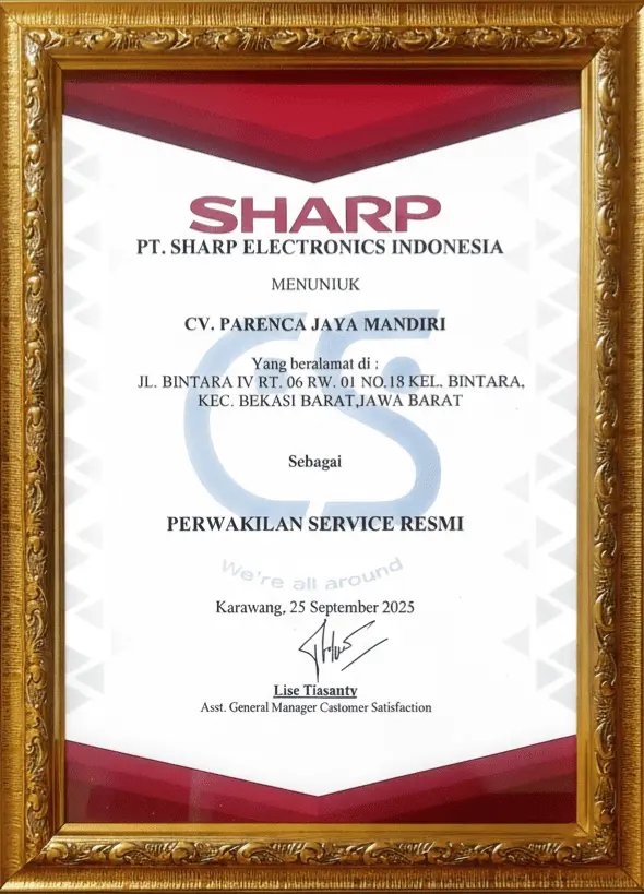 Sertifikat perwakilan servis resmi SHARP untuk Parenca Jaya Mandiri